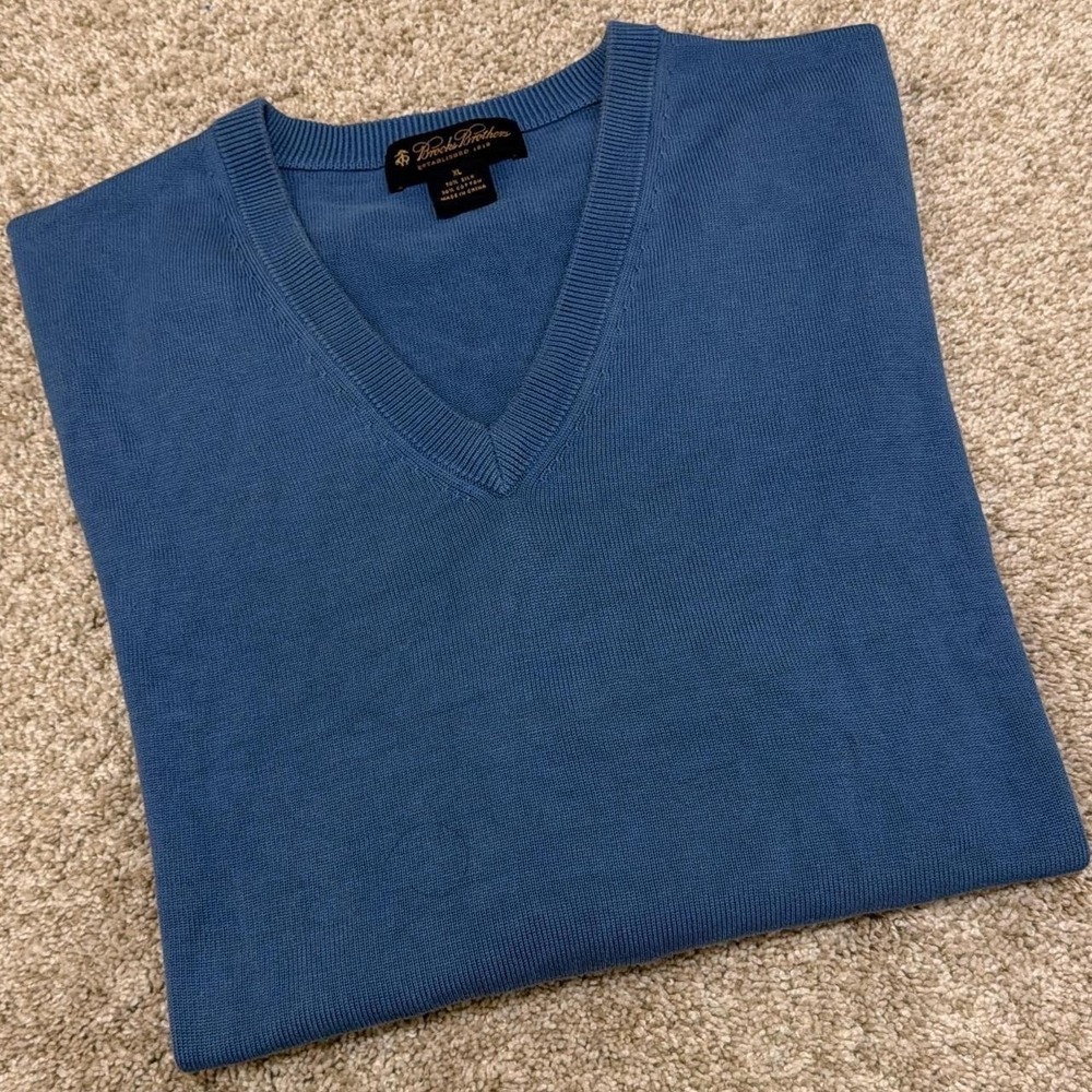 Brooks Brothers Silk Blend V-Neck Sweater | Blue Old Money Core Knit | XL